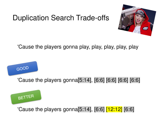 Duplication Search Trade-offs
'Cause the players gonna play, play, play, play, play
'Cause the players gonna[5:14], [6:6] [6:6] [6:6] [6:6]
'Cause the players gonna[5:14], [6:6] [12:12] [6:6]
