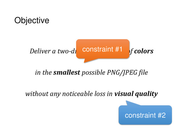 Objective
Deliver a two-dimensional array of colors
in the smallest possible PNG/JPEG file
without any noticeable loss in visual quality
constraint #2
constraint #1
