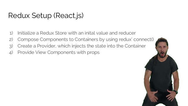 Redux Setup (React.js)
1) Initialize a Redux Store with an inital value and reducer
2) Compose Components to Containers by using redux’ connect()
3) Create a Provider, which injects the state into the Container
4) Provide View Components with props

