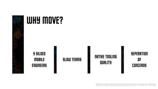 WHY MOVE?
5 SILOED
MOBILE
ENGINEERS
SLOW TEAMS
NATIVE TOOLING
QUALITY
SEPERATION
OF
CONCERNS
ARTSY.GITHUB.IO/BLOG/2016/08/15/REACT-NATIVE-AT-ARTSY/
