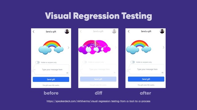 Visual Regression Testing
diff after
before
https://speakerdeck.com/nikhilverma/visual-regression-testing-from-a-tool-to-a-process
