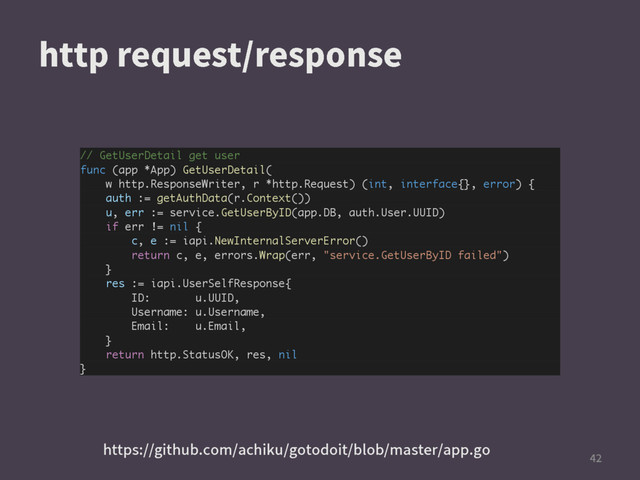 IUUQSFRVFTUSFTQPOTF

// GetUserDetail get user
func (app *App) GetUserDetail(
w http.ResponseWriter, r *http.Request) (int, interface{}, error) {
auth := getAuthData(r.Context())
u, err := service.GetUserByID(app.DB, auth.User.UUID)
if err != nil {
c, e := iapi.NewInternalServerError()
return c, e, errors.Wrap(err, "service.GetUserByID failed")
}
res := iapi.UserSelfResponse{
ID: u.UUID,
Username: u.Username,
Email: u.Email,
}
return http.StatusOK, res, nil
}
IUUQTHJUIVCDPNBDIJLVHPUPEPJUCMPCNBTUFSBQQHP
