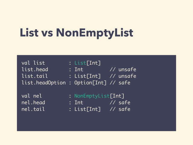 List vs NonEmptyList
val list : List[Int]
list.head : Int // unsafe
list.tail : List[Int] // unsafe
list.headOption : Option[Int] // safe
val nel : NonEmptyList[Int]
nel.head : Int // safe
nel.tail : List[Int] // safe

