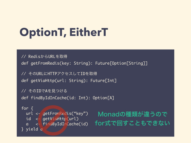 // Redis͔ΒURLΛऔಘ
def getFromRedis(key: String): Future[Option[String]]
// ͦͷURLʹHTTPΞΫηεͯ͠IDΛऔಘ
def getViaHttp(url: String): Future[Int]
// ͦͷIDͰAΛݟ͚ͭΔ
def findByIdInCache(id: Int): Option[A]
for {
url <- getFromRedis(“key”)
id <- getViaHttp(url)
a <- findByIdInCache(id)
} yield a
.POBEͷछྨ͕ҧ͏ͷͰ 
GPSࣜͰճ͢͜ͱ΋Ͱ͖ͳ͍
OptionT, EitherT
