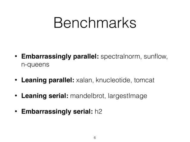 6
• Embarrassingly parallel: spectralnorm, sunﬂow,
n-queens
• Leaning parallel: xalan, knucleotide, tomcat
• Leaning serial: mandelbrot, largestImage
• Embarrassingly serial: h2
Benchmarks
