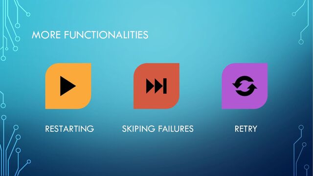 MORE FUNCTIONALITIES
RESTARTING SKIPING FAILURES RETRY

