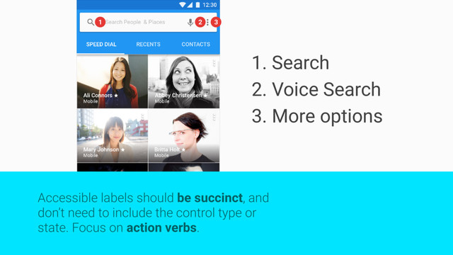 Accessible labels should be succinct, and
don’t need to include the control type or
state. Focus on action verbs.
1. Search
2. Voice Search
3. More options
1 2 3
