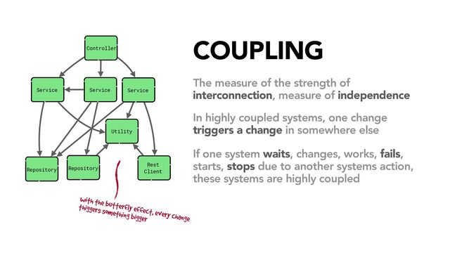 COUPLING
In highly coupled systems, one change
triggers a change in somewhere else
The measure of the strength of
interconnection, measure of independence
If one system waits, changes, works, fails,
starts, stops due to another systems action,
these systems are highly coupled
with the butterfly effect, every change
thiggers something bigger
Controller
Service Service Service
Repository Repository
Utility
Rest
Client
