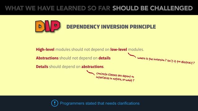 DEPENDENCY INVERSION PRINCIPLE
DIP
High-level modules should not depend on low-level modules.
Abstractions should not depend on details
Details should depend on abstractions.
WHAT WE HAVE LEARNED SO FAR SHOULD BE CHALLENGED
WHAT WE HAVE LEARNED SO FAR SHOULD BE CHALLENGED
Programmers stated that needs clarifications
where is the inversion ? isn’t it too abstract ?
concrete classes are depent on
interfaces in nature, so what ?
