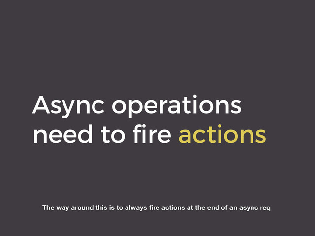 Async operations
need to ﬁre actions
The way around this is to always ﬁre actions at the end of an async req
