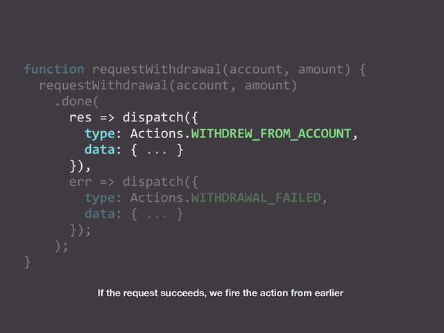 function	  requestWithdrawal(account,	  amount)	  {	  
	  	  requestWithdrawal(account,	  amount)	  
	  	  	  	  .done(	  
	  	  	  	  	  	  res	  =>	  dispatch({	  
	  	  	  	  	  	  	  	  type:	  Actions.WITHDREW_FROM_ACCOUNT,	  
	  	  	  	  	  	  	  	  data:	  {	  ...	  }	  
	  	  	  	  	  	  }),	  
	  	  	  	  	  	  err	  =>	  dispatch({	  
	  	  	  	  	  	  	  	  type:	  Actions.WITHDRAWAL_FAILED,	  
	  	  	  	  	  	  	  	  data:	  {	  ...	  }	  
	  	  	  	  	  	  });	  
	  	  	  	  );	  
}
If the request succeeds, we ﬁre the action from earlier
