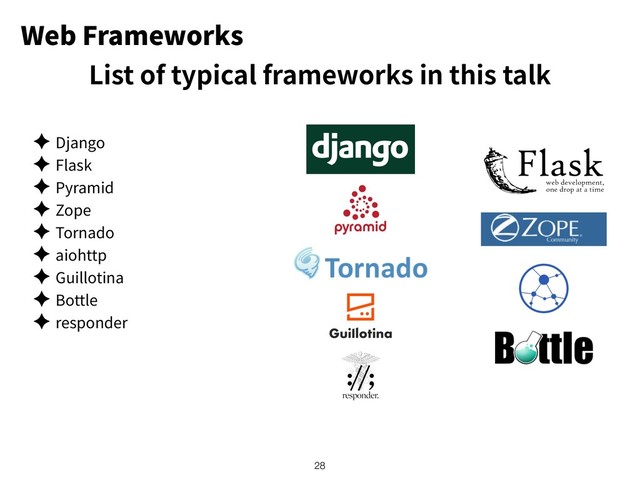 Web Frameworks
✦ Django
✦ Flask
✦ Pyramid
✦ Zope
✦ Tornado
✦ aiohttp
✦ Guillotina
✦ Bottle
✦ responder
!28
List of typical frameworks in this talk
