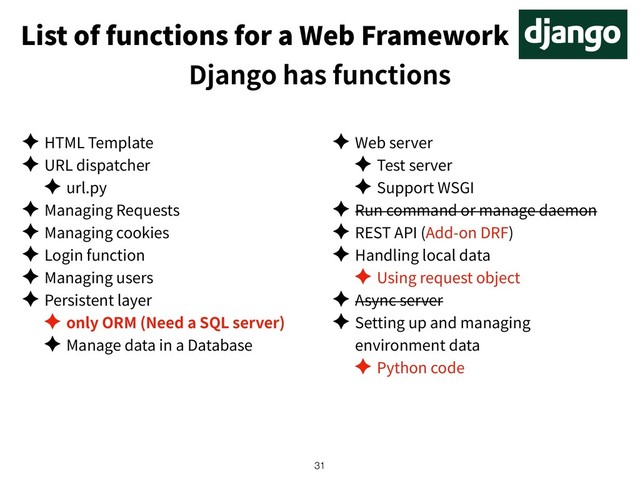 List of functions for a Web Framework
Django has functions
✦ HTML Template
✦ URL dispatcher
✦ url.py
✦ Managing Requests
✦ Managing cookies
✦ Login function
✦ Managing users
✦ Persistent layer
✦ only ORM (Need a SQL server)
✦ Manage data in a Database
✦ Web server
✦ Test server
✦ Support WSGI
✦ Run command or manage daemon
✦ REST API (Add-on DRF)
✦ Handling local data
✦ Using request object
✦ Async server
✦ Setting up and managing
environment data
✦ Python code
!31
