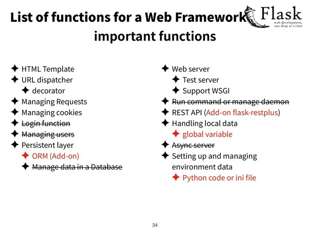 List of functions for a Web Framework
important functions
✦ HTML Template
✦ URL dispatcher
✦ decorator
✦ Managing Requests
✦ Managing cookies
✦ Login function
✦ Managing users
✦ Persistent layer
✦ ORM (Add-on)
✦ Manage data in a Database
✦ Web server
✦ Test server
✦ Support WSGI
✦ Run command or manage daemon
✦ REST API (Add-on ask-restplus)
✦ Handling local data
✦ global variable
✦ Async server
✦ Setting up and managing
environment data
✦ Python code or ini le
!34
