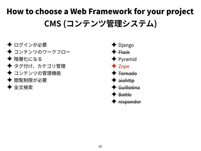 How to choose a Web Framework for your project
CMS ( )
✦
✦
✦
✦
✦
✦
✦
!62
✦ Django
✦ Flask
✦ Pyramid
✦ Zope
✦ Tornado
✦ aiohttp
✦ Guillotina
✦ Bottle
✦ responder
