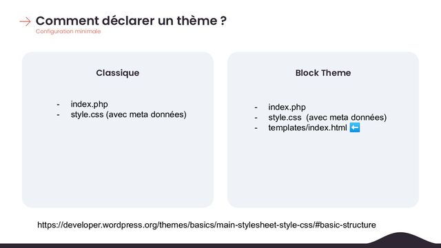 Comment déclarer un thème ?
Configuration minimale
Classique Block Theme
- index.php
- style.css (avec meta données)
- index.php
- style.css (avec meta données)
- templates/index.html ⬅
https://developer.wordpress.org/themes/basics/main-stylesheet-style-css/#basic-structure
