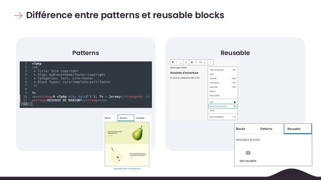 Différence entre patterns et reusable blocks
Patterns Reusable
