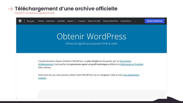 Téléchargement d’une archive officielle
https://fr.wordpress.org/download/
