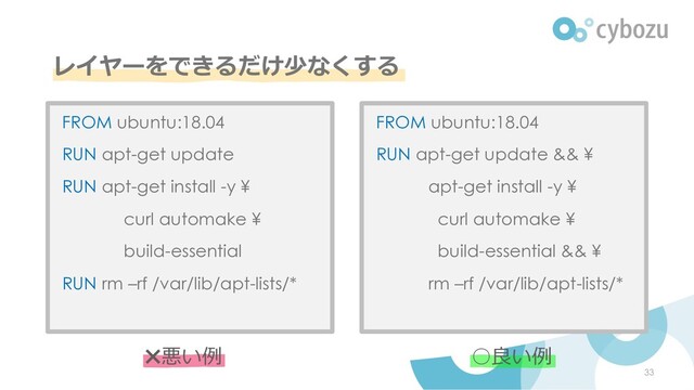 レイヤーをできるだけ少なくする
FROM ubuntu:18.04
RUN apt-get update
RUN apt-get install -y ¥
curl automake ¥
build-essential
RUN rm –rf /var/lib/apt-lists/*
○良い例
FROM ubuntu:18.04
RUN apt-get update && ¥
apt-get install -y ¥
curl automake ¥
build-essential && ¥
rm –rf /var/lib/apt-lists/*
✖悪い例
33

