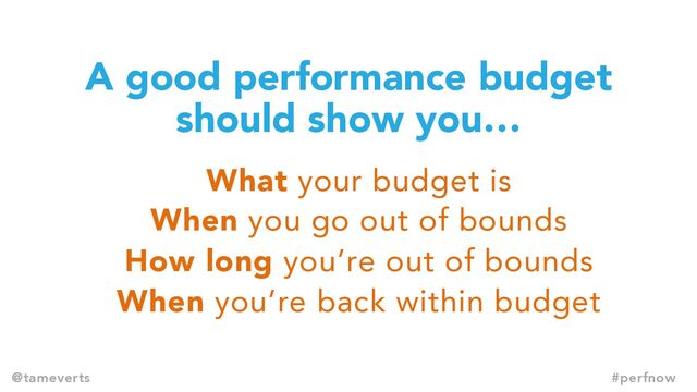 A good performance budget
should show you…
What your budget is
When you go out of bounds
How long you’re out of bounds
When you’re back within budget
@tameverts #perfnow

