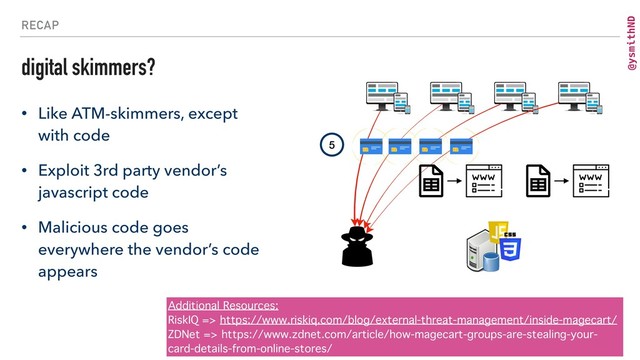@ysmithND
RECAP
digital skimmers?
• Like ATM-skimmers, except
with code
• Exploit 3rd party vendor’s
javascript code
• Malicious code goes
everywhere the vendor’s code
appears
5
Additional Resources:
RiskIQ => https://www.riskiq.com/blog/external-threat-management/inside-magecart/
ZDNet => https://www.zdnet.com/article/how-magecart-groups-are-stealing-your-
card-details-from-online-stores/
