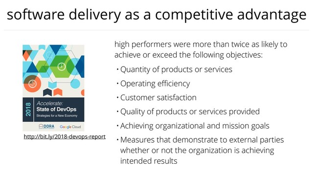 software delivery as a competitive advantage
high performers were more than twice as likely to
achieve or exceed the following objectives:
• Quantity of products or services
• Operating eﬃciency
• Customer satisfaction
• Quality of products or services provided
• Achieving organizational and mission goals
• Measures that demonstrate to external parties
whether or not the organization is achieving
intended results
http://bit.ly/2018-devops-report
