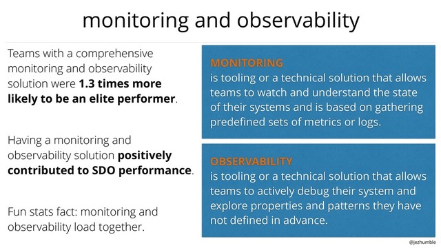 @jezhumble
monitoring and observability
MONITORING
is tooling or a technical solution that allows
teams to watch and understand the state
of their systems and is based on gathering
predeﬁned sets of metrics or logs.
OBSERVABILITY
is tooling or a technical solution that allows
teams to actively debug their system and
explore properties and patterns they have
not deﬁned in advance.
Teams with a comprehensive
monitoring and observability
solution were 1.3 times more
likely to be an elite performer.
Having a monitoring and
observability solution positively
contributed to SDO performance.
Fun stats fact: monitoring and
observability load together.
