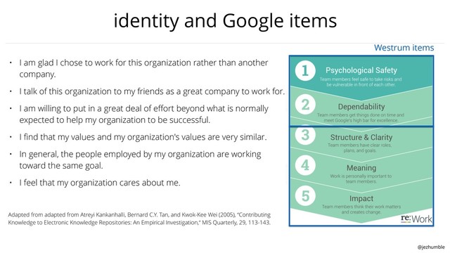 @jezhumble
identity and Google items
• I am glad I chose to work for this organization rather than another
company.
• I talk of this organization to my friends as a great company to work for.
• I am willing to put in a great deal of eﬀort beyond what is normally
expected to help my organization to be successful.
• I ﬁnd that my values and my organization's values are very similar.
• In general, the people employed by my organization are working
toward the same goal.
• I feel that my organization cares about me.
Adapted from adapted from Atreyi Kankanhalli, Bernard C.Y. Tan, and Kwok-Kee Wei (2005), “Contributing
Knowledge to Electronic Knowledge Repositories: An Empirical Investigation,“ MIS Quarterly, 29, 113-143.
Westrum items
