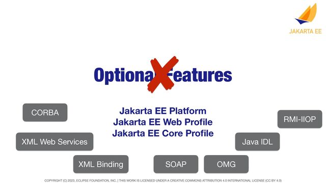 COPYRIGHT (C) 2023, ECLIPSE FOUNDATION, INC. | THIS WORK IS LICENSED UNDER A CREATIVE COMMONS ATTRIBUTION 4.0 INTERNATIONAL LICENSE (CC BY 4.0)
Optional Features
Jakarta EE Platform
Jakarta EE Web Pro
fi
le
Jakarta EE Core Pro
fi
le
CORBA
RMI-IIOP
Java IDL
OMG
XML Binding
XML Web Services
SOAP
