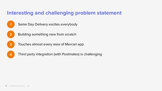 Conﬁdential & Proprietary 2019
Interesting and challenging problem statement
Same Day Delivery excites everybody
Building something new from scratch
Touches almost every area of Mercari app
Third party integration (with Postmates) is challenging
1
2
3
4
