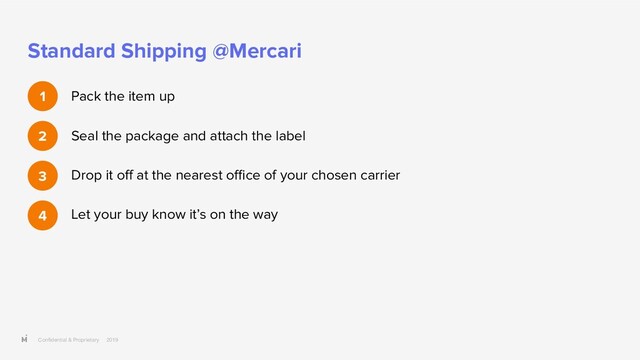 Conﬁdential & Proprietary 2019
Standard Shipping @Mercari
Pack the item up
Seal the package and attach the label
Drop it oﬀ at the nearest oﬃce of your chosen carrier
Let your buy know it’s on the way
1
2
3
4
