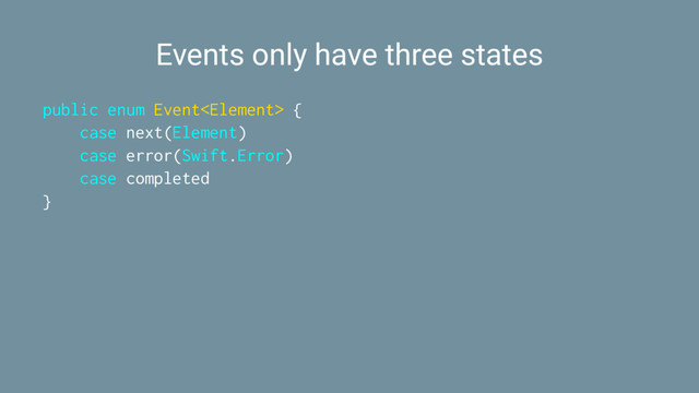 Events only have three states
public enum Event {
case next(Element)
case error(Swift.Error)
case completed
}
