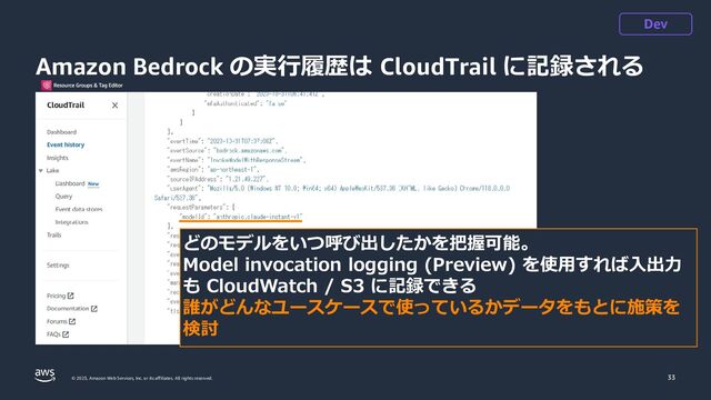 © 2023, Amazon Web Services, Inc. or its affiliates. All rights reserved.
Amazon Bedrock の実行履歴は CloudTrail に記録される
33
どのモデルをいつ呼び出したかを把握可能。
Model invocation logging (Preview) を使用すれば入出力
も CloudWatch / S3 に記録できる
誰がどんなユースケースで使っているかデータをもとに施策を
検討
Dev

