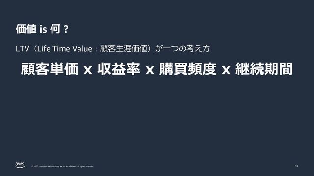 © 2023, Amazon Web Services, Inc. or its affiliates. All rights reserved.
価値 is 何 ?
LTV（Life Time Value：顧客生涯価値）が一つの考え方
顧客単価 x 収益率 x 購買頻度 x 継続期間
67
