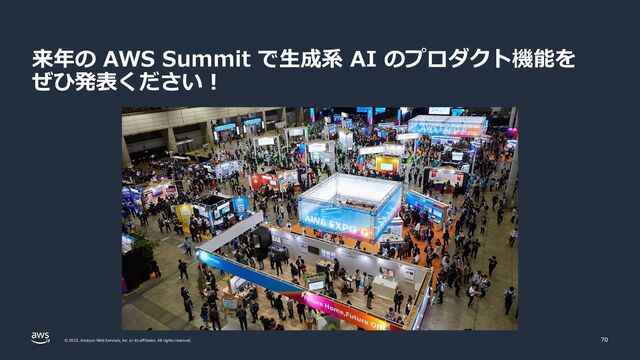 © 2023, Amazon Web Services, Inc. or its affiliates. All rights reserved. 70
来年の AWS Summit で生成系 AI のプロダクト機能を
ぜひ発表ください！
