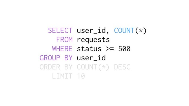 SELECT user_id, COUNT(*)
FROM requests
WHERE status >= 500
GROUP BY user_id
ORDER BY COUNT(*) DESC
LIMIT 10
