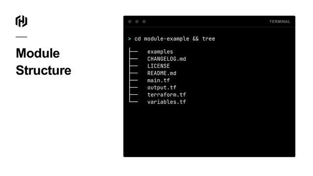TERMINAL
> cd module-example !& tree
├── examples
├── CHANGELOG.md
├── LICENSE
├── README.md
├── main.tf
├── output.tf
├── terraform.tf
└── variables.tf
Module
Structure
