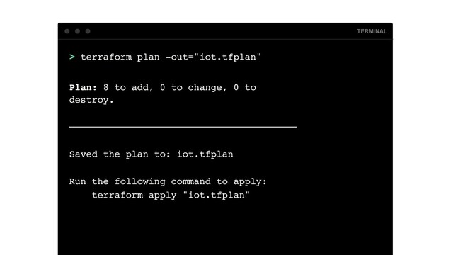 TERMINAL
> terraform plan -out="iot.tfplan"
Plan: 8 to add, 0 to change, 0 to
destroy.
────────────────────────────────────────
Saved the plan to: iot.tfplan
Run the following command to apply:
terraform apply "iot.tfplan"
