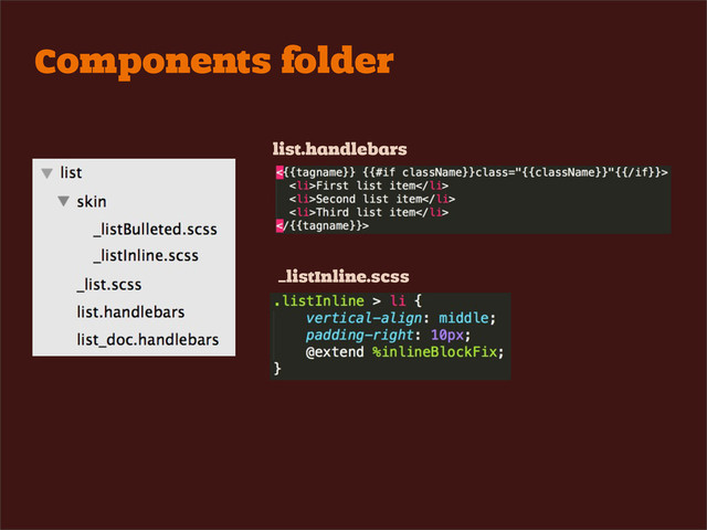 Components folder
list.handlebars
_listInline.scss
