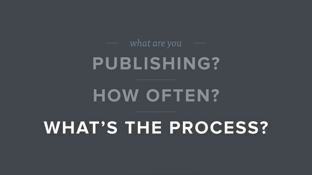 what are you
PUBLISHING?
HOW OFTEN?
WHAT’S THE PROCESS?

