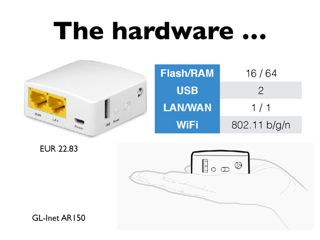 The hardware …
EUR 22.83
Flash/RAM 16 / 64
USB 2
LAN/WAN 1 / 1
WiFi 802.11 b/g/n
GL-Inet AR150
