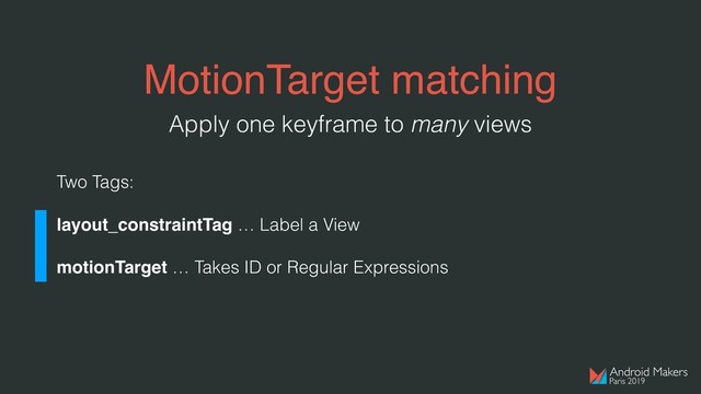 MotionTarget matching
Two Tags:
layout_constraintTag … Label a View
motionTarget … Takes ID or Regular Expressions
Apply one keyframe to many views
