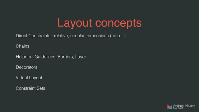 Layout concepts
Direct Constraints : relative, circular, dimensions (ratio…)
Chains
Helpers : Guidelines, Barriers, Layer…
Decorators
Virtual Layout
Constraint Sets
