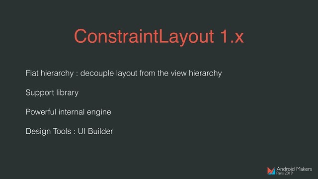 ConstraintLayout 1.x
Flat hierarchy : decouple layout from the view hierarchy
Support library
Powerful internal engine
Design Tools : UI Builder
