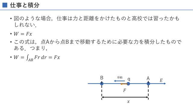 仕事と積分
• 図のような場合，仕事は⼒と距離をかけたものと⾼校では習ったかも
しれない．
• 𝑊 = 𝐹𝑥
• この式は，点Aから点Bまで移動するために必要な⼒を積分したもので
ある．つまり，
• 𝑊 = ∫
/0
𝐹𝑟 𝑑𝑟 = 𝐹𝑥
A
B q 𝐸
𝐹
𝑥
移動
