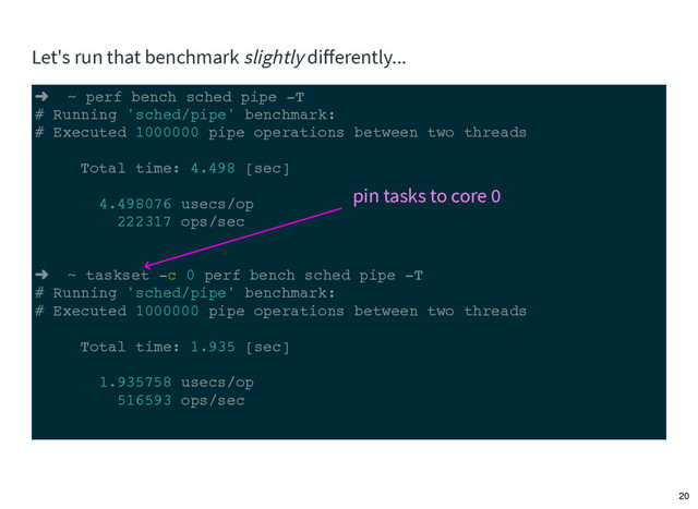 ➜ ~ perf bench sched pipe -T
# Running 'sched/pipe' benchmark:
# Executed 1000000 pipe operations between two threads
Total time: 4.498 [sec]
4.498076 usecs/op
222317 ops/sec
➜ ~ taskset -c 0 perf bench sched pipe -T
# Running 'sched/pipe' benchmark:
# Executed 1000000 pipe operations between two threads
Total time: 1.935 [sec]
1.935758 usecs/op
516593 ops/sec
Let's run that benchmark slightly diﬀerently...
pin tasks to core 0
20
