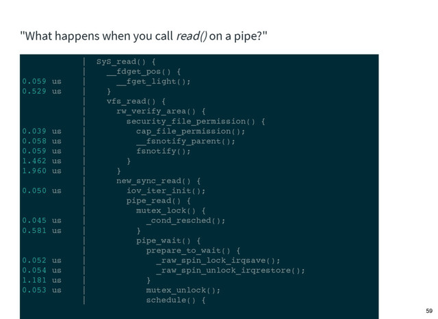 "What happens when you call read() on a pipe?"
| SyS_read() {
| __fdget_pos() {
0.059 us | __fget_light();
0.529 us | }
| vfs_read() {
| rw_verify_area() {
| security_file_permission() {
0.039 us | cap_file_permission();
0.058 us | __fsnotify_parent();
0.059 us | fsnotify();
1.462 us | }
1.960 us | }
| new_sync_read() {
0.050 us | iov_iter_init();
| pipe_read() {
| mutex_lock() {
0.045 us | _cond_resched();
0.581 us | }
| pipe_wait() {
| prepare_to_wait() {
0.052 us | _raw_spin_lock_irqsave();
0.054 us | _raw_spin_unlock_irqrestore();
1.181 us | }
0.053 us | mutex_unlock();
| schedule() {
59
