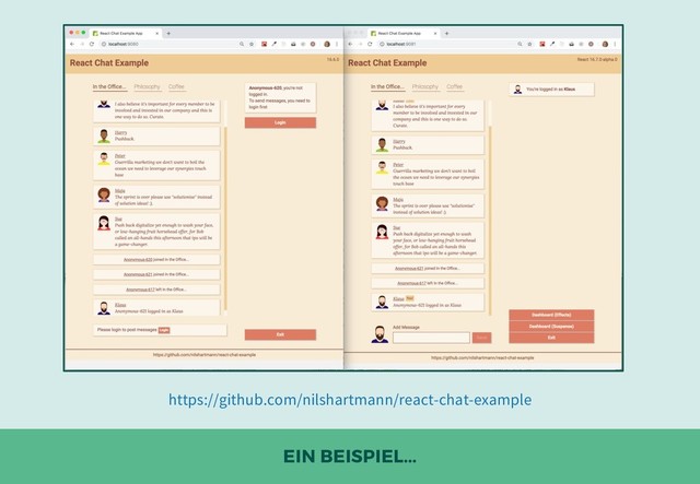 EIN BEISPIEL...
https://github.com/nilshartmann/react-chat-example
