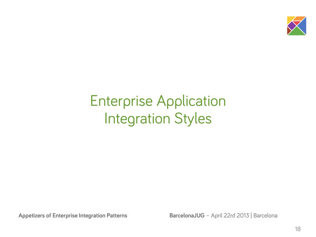 BarcelonaJUG – April 22rd 2013 | Barcelona
Appetizers of Enterprise Integration Patterns
18
Enterprise Application
Integration Styles
