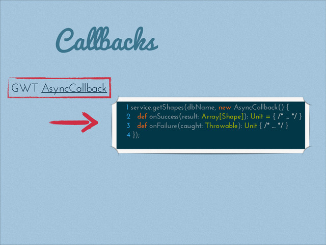 Callbacks
GWT AsyncCallback
1 service.getShapes(dbName, new AsyncCallback() {
2 def onSuccess(result: Array[Shape]): Unit = { /* ... */ }
3 def onFailure(caught: Throwable): Unit { /* ... */ }
4 });
